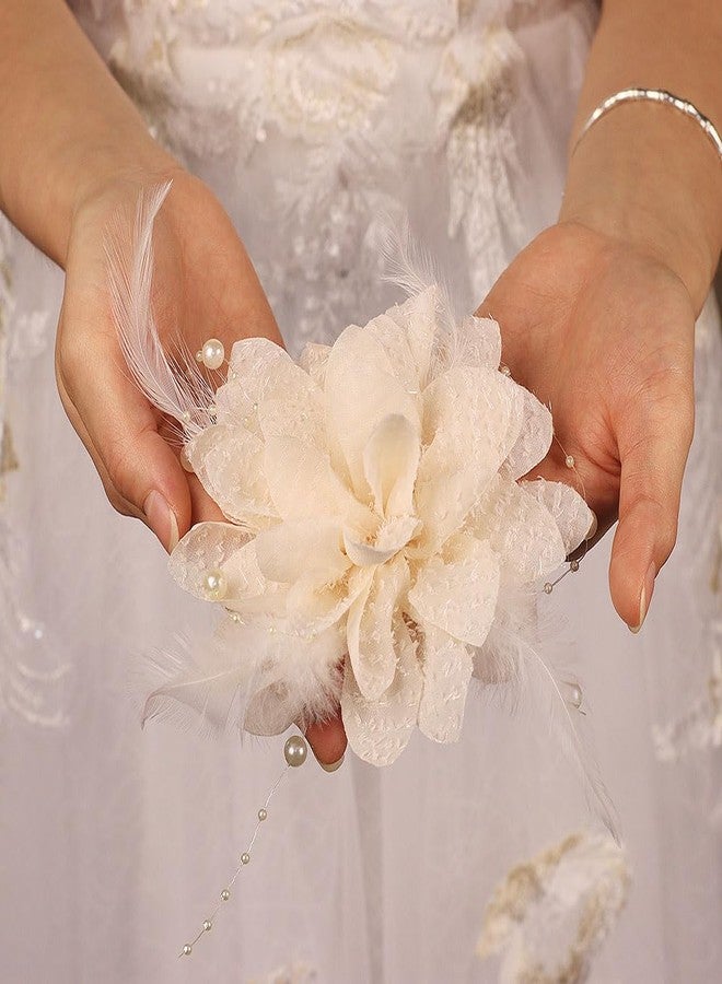 Rannyrena Vintage Feather Flower Hair Clip with Beaded Large Tulle Bow Hair Pieces Handmade Floral Bridal Wedding Hair Accessory for Women (Off white flower) - Image 3